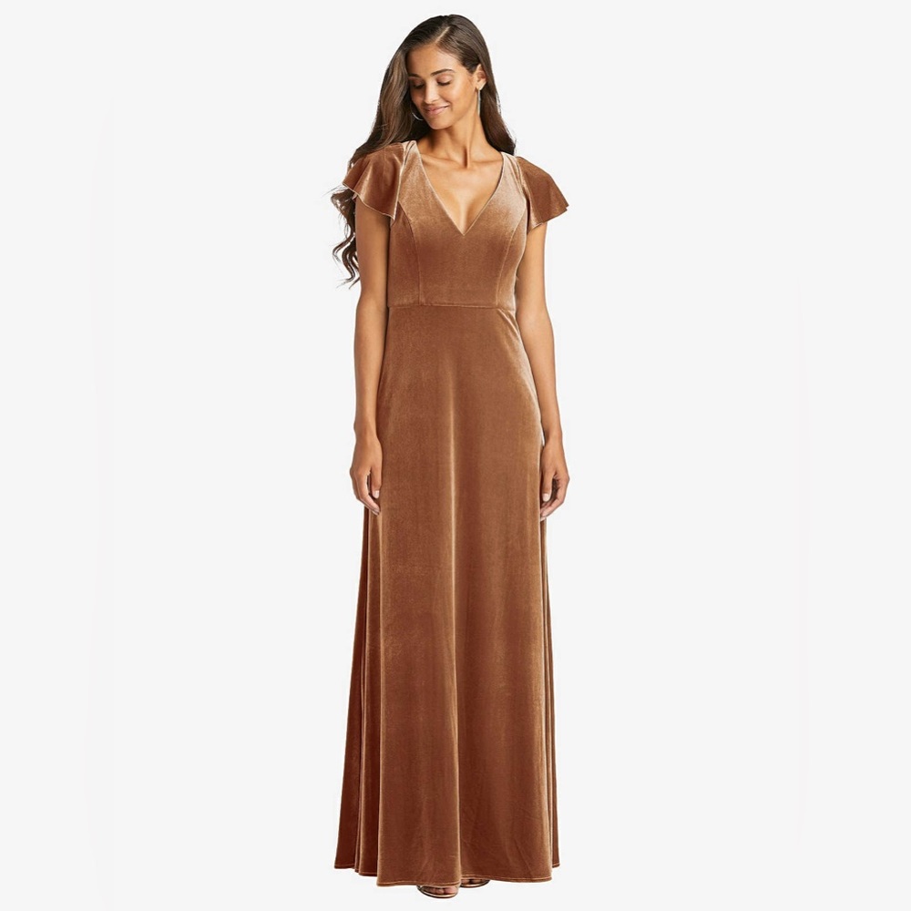 Dessy Group Luxe Velvet bridal floor length gown in toasted almond color